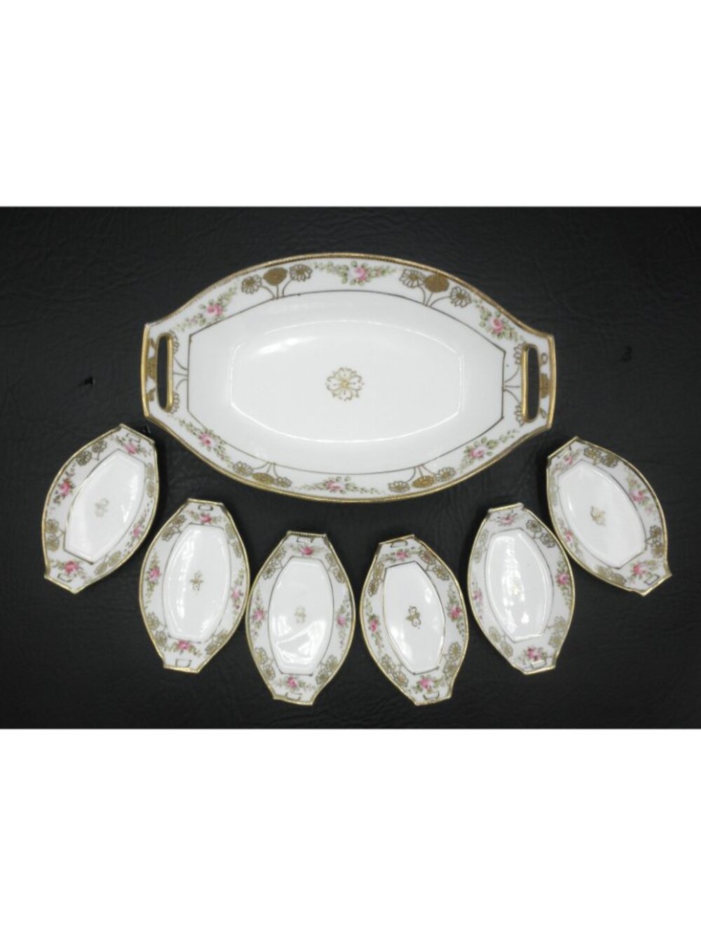 Antique Nippon Hand Painted Relish Dish With 6 Matching Salt Dishes Gold Accents - Picture 2 of 8
